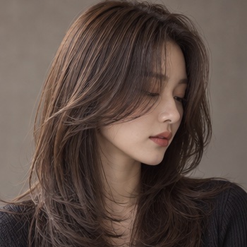 롱 레이어드 웨이브의 한국인 성인 여성 모델 측면 헤어 스타일